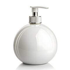 Obraz premium Shiny white ceramic round soap dispenser with silver pump isolated on white background