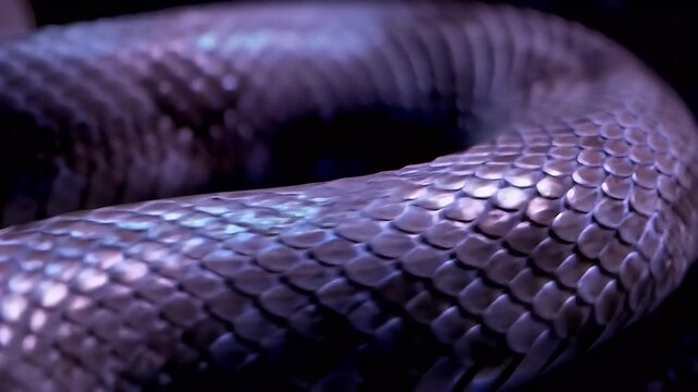 Close-up of Iridescent Snake Scales with Dark Purple and Blue Shimmering Texture