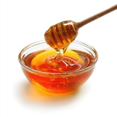 Honey pot and dipper on white background.