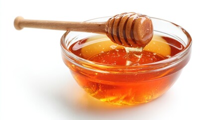 Honey pot and dipper on white background.