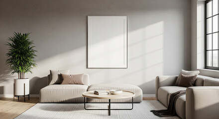 Modern Living Room Wall Poster Frame Mockup – ISO A Paper Size, Modern Interior Design, 3D Render