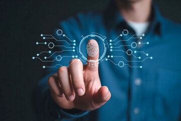 Person touching glowing digital fingerprint scanner with circuit board lines scanning biometric