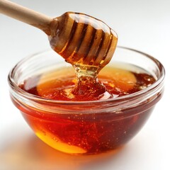 Honey pot and dipper on white background.