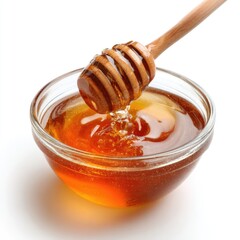 Honey pot and dipper on white background.