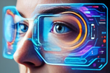 Person wearing futuristic augmented reality glasses with holographic display image
