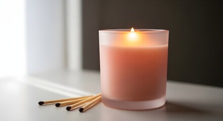  Pastel Coral Candle in Frosted Glass Jar with Matches