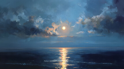 Moonlit Ocean Night Sky Painting