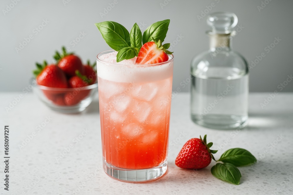 Poster refreshing strawberry mocktail with basil garnish served on ice in a clear glass, with ingredients i