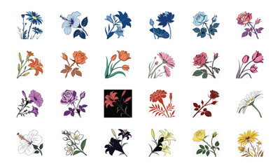 Beautiful Collection of 24 Colorful Hand-Drawn Floral Illustrations Featuring Roses, Tulips, Daisies, Lilies, Hibiscus, Marigolds, Orchids, Jasmine, and Pansies in Elegant Botanical Styles for Decorat