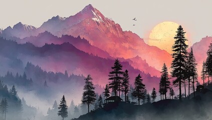 Misty mountain landscape at sunrise