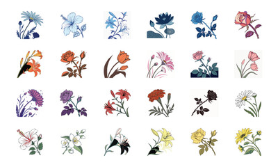 Beautiful Collection of 24 Colorful Hand-Drawn Floral Illustrations Featuring Roses, Tulips, Daisies, Lilies, Hibiscus, Marigolds, Orchids, Jasmine, and Pansies in Elegant Botanical Styles for Decorat