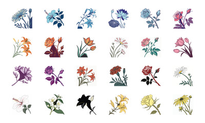 Beautiful Collection of 24 Colorful Hand-Drawn Floral Illustrations Featuring Roses, Tulips, Daisies, Lilies, Hibiscus, Marigolds, Orchids, Jasmine, and Pansies in Elegant Botanical Styles for Decorat