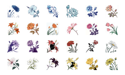 Beautiful Collection of 24 Colorful Hand-Drawn Floral Illustrations Featuring Roses, Tulips, Daisies, Lilies, Hibiscus, Marigolds, Orchids, Jasmine, and Pansies in Elegant Botanical Styles for Decorat