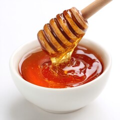 Honey pot and dipper on white background.