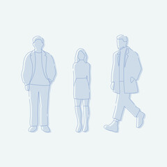 flat minimal people male and female vector illustration in winter clothing concept isolated set collection. Outline with silhouette shadow. For architecture rendering, design, info graphic, media