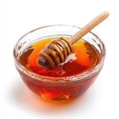 Honey pot and dipper on white background.