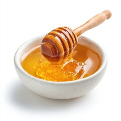 Honey pot and dipper on white background.
