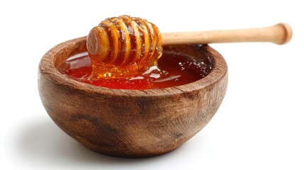 Honey pot and dipper on white background.