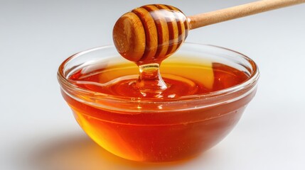 Honey pot and dipper on white background.