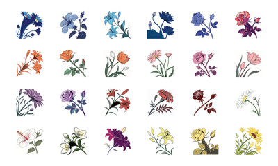 Beautiful Collection of 24 Colorful Hand-Drawn Floral Illustrations Featuring Roses, Tulips, Daisies, Lilies, Hibiscus, Marigolds, Orchids, Jasmine, and Pansies in Elegant Botanical Styles for Decorat