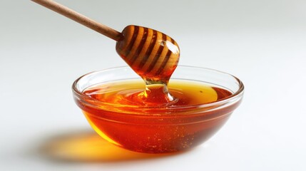 Honey pot and dipper on white background.