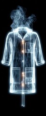 Glowing, translucent lab coat enveloped in smoke against a black background