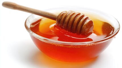 Honey pot and dipper on white background.