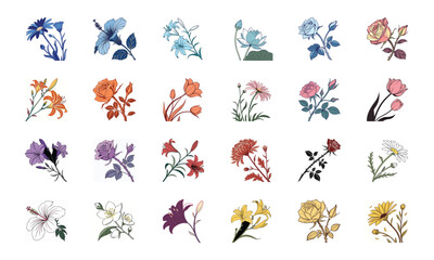 Beautiful Collection of 24 Colorful Hand-Drawn Floral Illustrations Featuring Roses, Tulips, Daisies, Lilies, Hibiscus, Marigolds, Orchids, Jasmine, and Pansies in Elegant Botanical Styles for Decorat