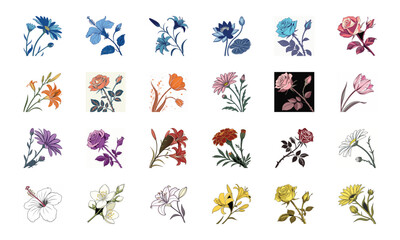 Beautiful Collection of 24 Colorful Hand-Drawn Floral Illustrations Featuring Roses, Tulips, Daisies, Lilies, Hibiscus, Marigolds, Orchids, Jasmine, and Pansies in Elegant Botanical Styles for Decorat