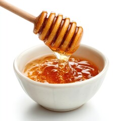 Honey pot and dipper on white background.