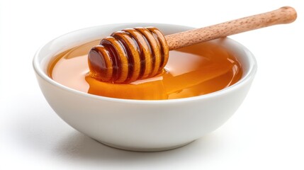 Honey pot and dipper on white background.