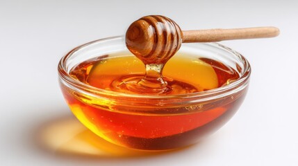 Honey pot and dipper on white background.
