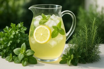 Fototapeta premium Refreshing lemon mint drink in glass pitcher with ice and herbs on table, bright natural light, green background, summer freshness concept. Ai generative