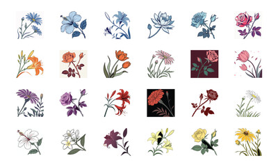 Beautiful Collection of 24 Colorful Hand-Drawn Floral Illustrations Featuring Roses, Tulips, Daisies, Lilies, Hibiscus, Marigolds, Orchids, Jasmine, and Pansies in Elegant Botanical Styles for Decorat