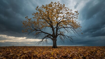 A solitary autumn tree stands on a ground covered in fallen leaves against a dramatic sky.