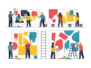 Colorful Art Teamwork: A collaborative group of diverse individuals brings a vibrant artistic vision to life, each contributing their unique strokes to create captivating abstract artwork. 