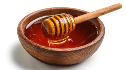 Honey pot and dipper on white background.