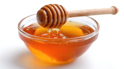 Honey pot and dipper on white background.