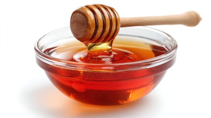 Honey pot and dipper on white background.