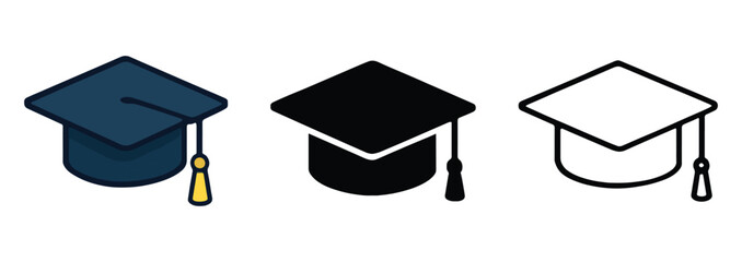 Three graduation caps in different styles and colors