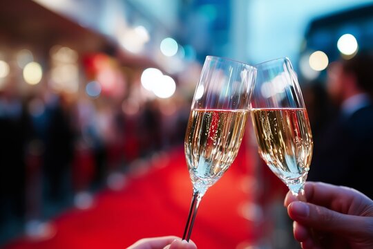 Close-up of champagne glasses toasting against a blurred red carpet background symbolizing luxury celebration success and festive elegance - Powered by Adobe