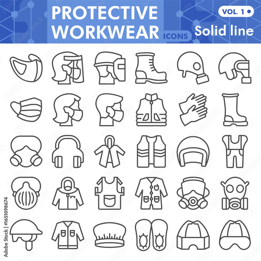 Poster protective workwear symbols collection or sketches, safe wear theme with line style signs for web an