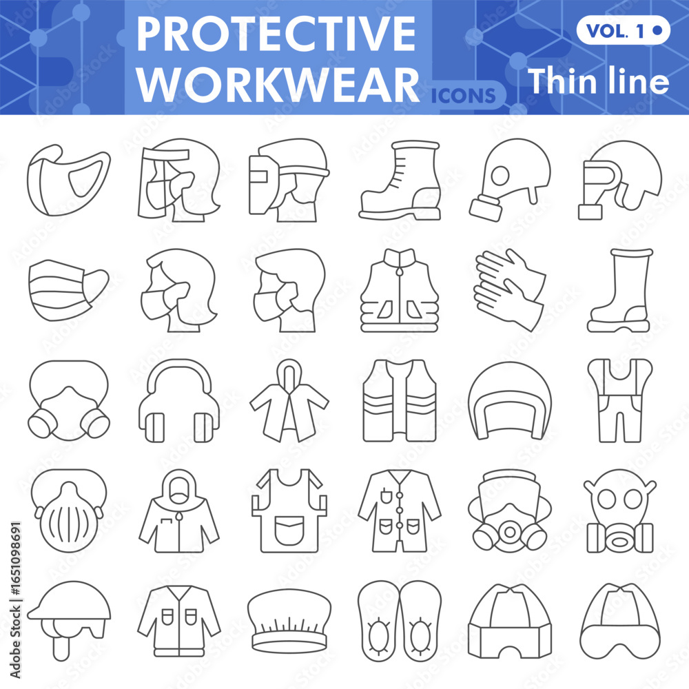 Poster protective workwear symbols collection or sketches, safe wear theme with thin line style signs for w