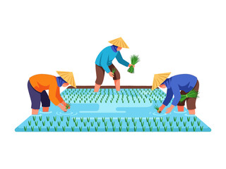 The Harmony of Rice Cultivation: Farmers diligently planting rice seedlings in a vibrant paddy field, showcasing the unity of tradition and the bounty of the harvest.