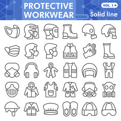 Protective workwear symbols collection or sketches, safe wear theme with line style signs for web and app. Vector graphics isolated on white background.
