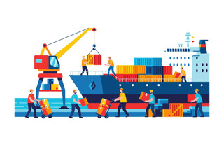 Shipping Harmony: In this illustration, a meticulously crafted scene unfolds, showcasing the intricate dance of global trade. Men and the loading processes on the cargo ship.