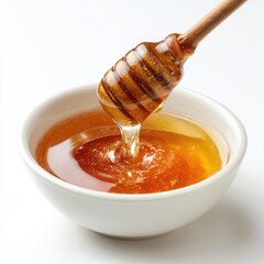 Honey pot and dipper on white background.