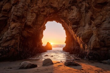 Sunset archway, beach cove, golden hour, ocean view. Possible use travel postcard