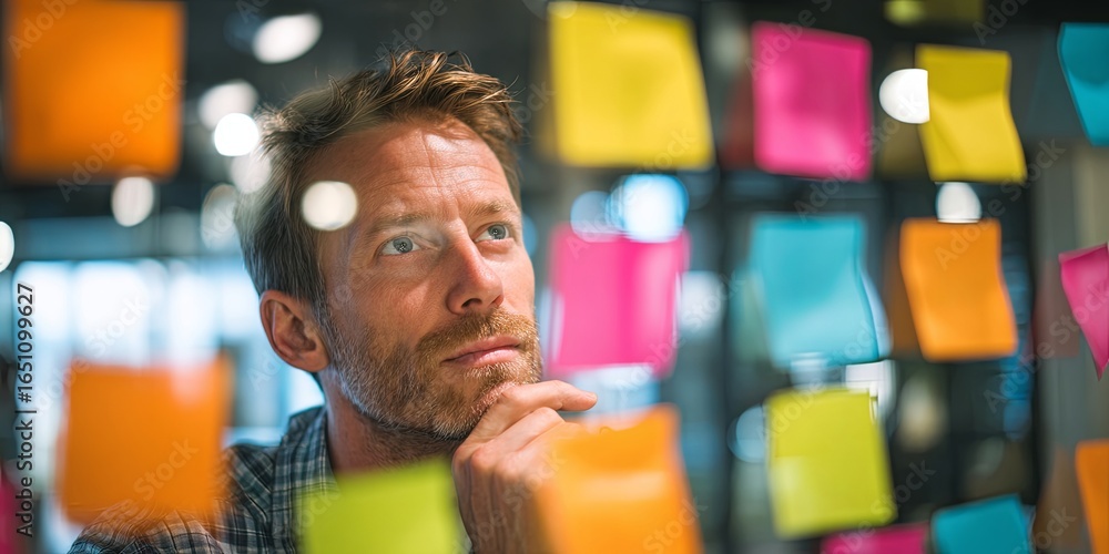 Poster man analyzing colorful sticky notes on wall for brainstorming or planning session in modern office e
