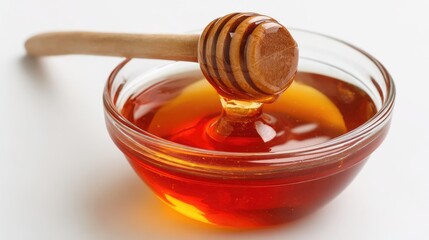 Honey pot and dipper on white background.